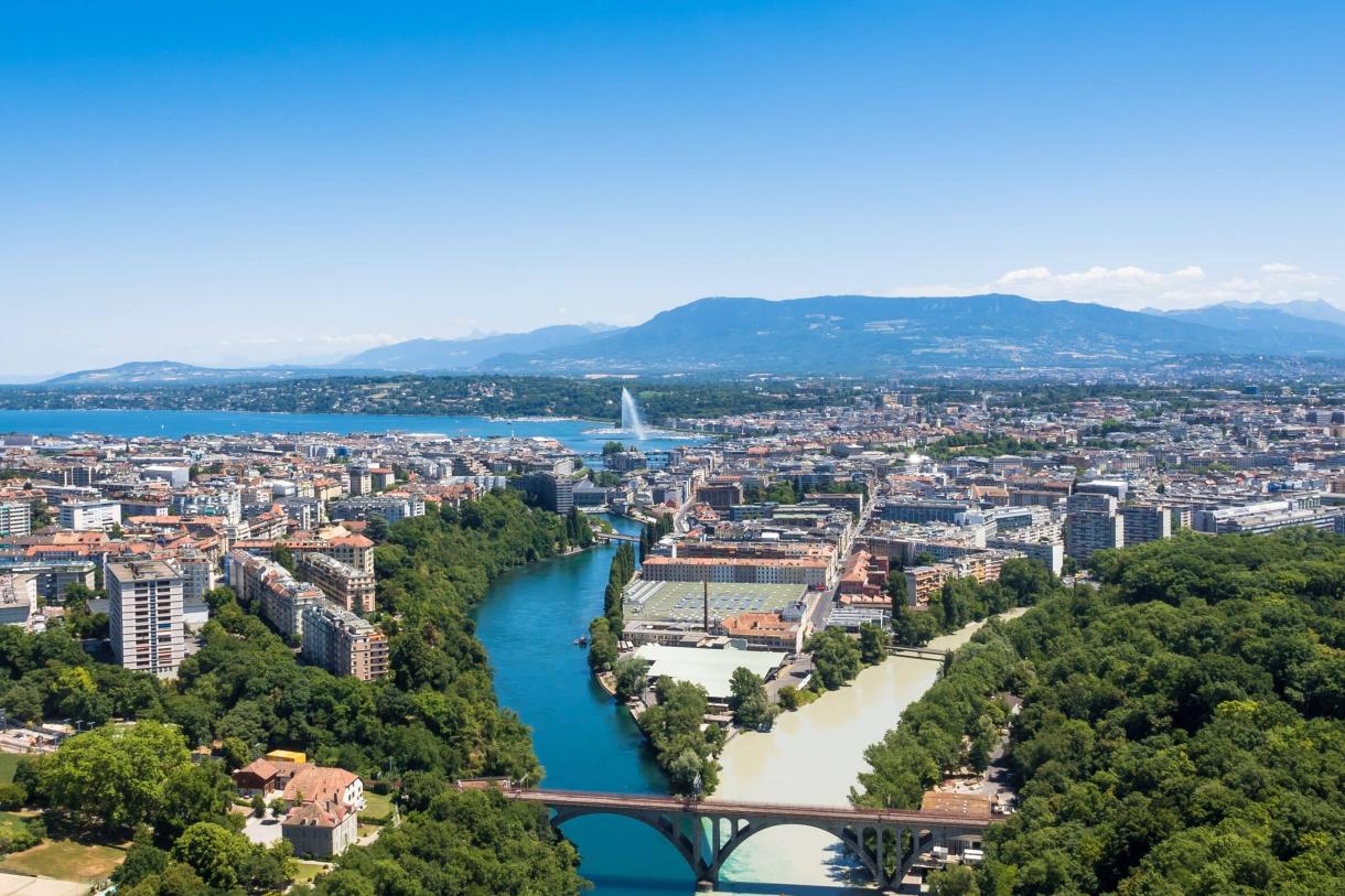 beautiful city scape - Lake Geneva in distance, with mountains