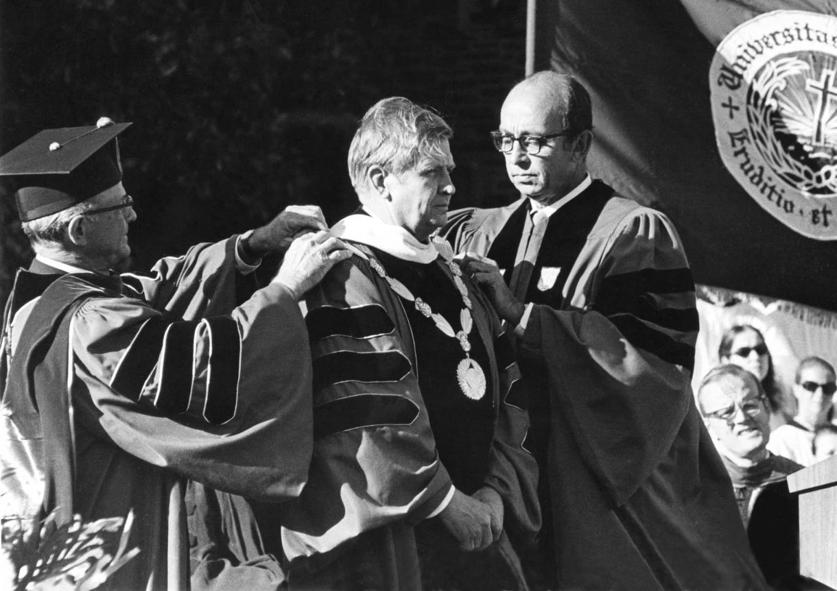 Black and white photo of Terry Sanford, graduation time