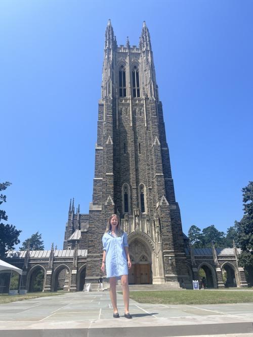 Abigail Bergan (PPS'26) standing in front of Duke Chapel