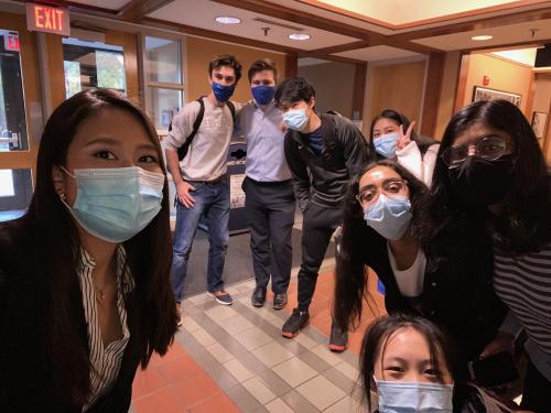 Joanne Kim (left) with friends in Sanford building